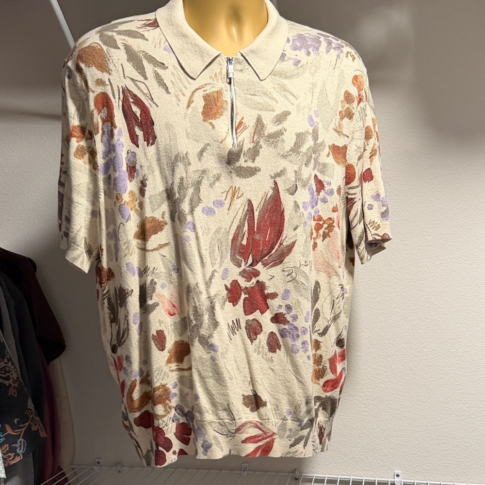 Ted Baker Cream Floral Zip Polo with Red & Lavender Accents